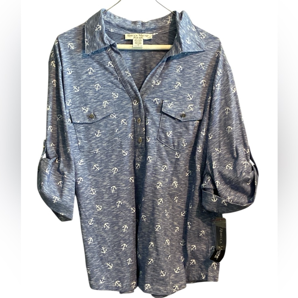 New Boxy roll tab blue knit, anchor print Henley style top 1X